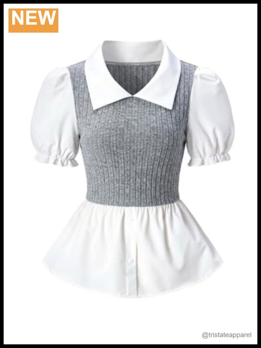 Women's Peplum Puff Sleeve Collared Blouse Color Block with Ruffle Hem